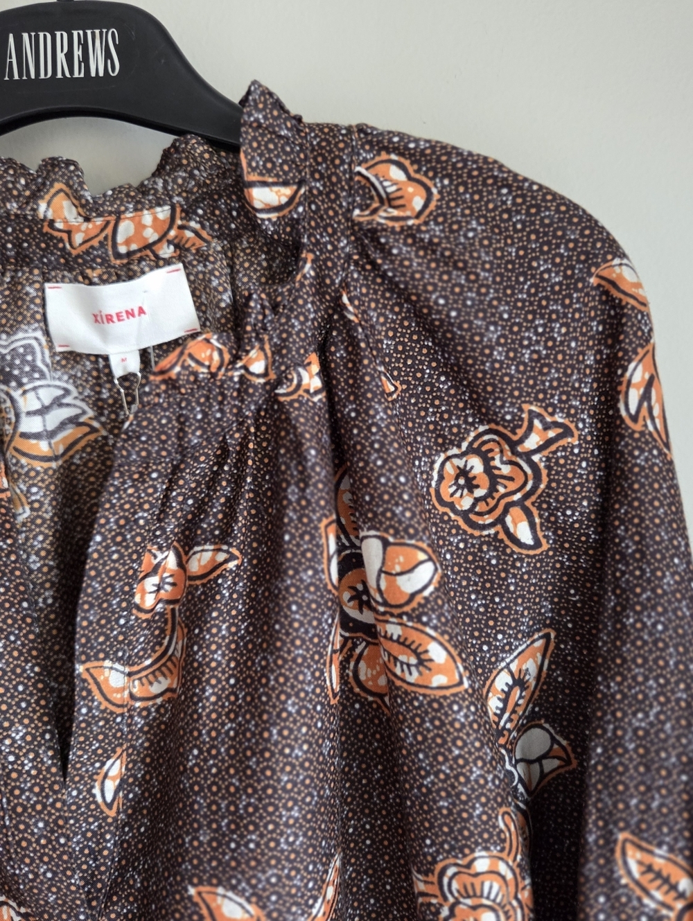 Silk Cotton Floral Marigold Brown Ruffle Blouse Puff Sleeve XiRENA NWT M